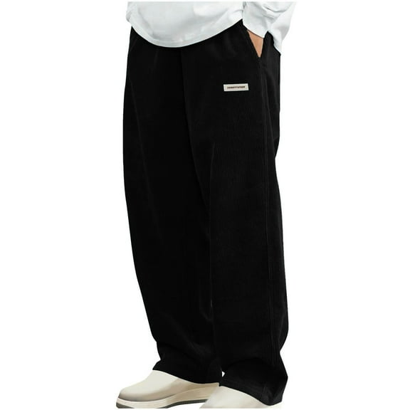 Mens Corduroy Pants Wide Straight Leg Casual Drawstring Elastic Waist Sweatpants Loose Fit Vintage Lounge Pants with Pockets (L, Black)