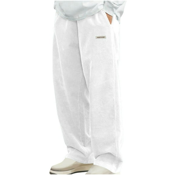 Mens Corduroy Pants Wide Straight Leg Casual Drawstring Elastic Waist Sweatpants Loose Fit Vintage Lounge Pants with Pockets (L, White)