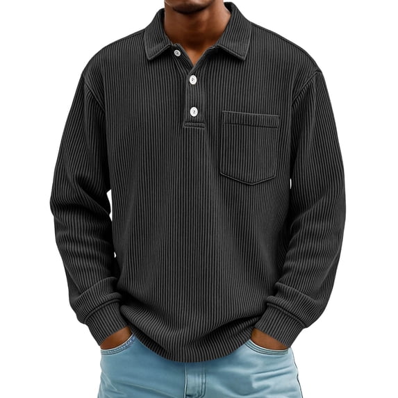 Mens Corduroy Polo Shirts Classic Collar Long Sleeve Button Pullover Loose Fit Solid Color Casual Streetwear Tops Black XXL