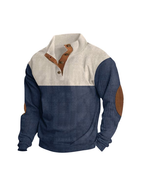 Mens Corduroy Pullover with Mock Neck and Leather Elbow Patches Durable and Stylish Autumn Clothing Navy 3XL
