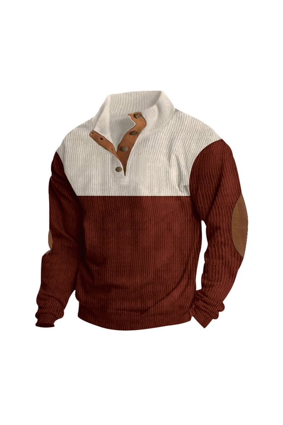 Mens Corduroy Pullover with Mock Neck and Leather Elbow Patches Durable and Stylish Autumn Clothing Wine 3XL
