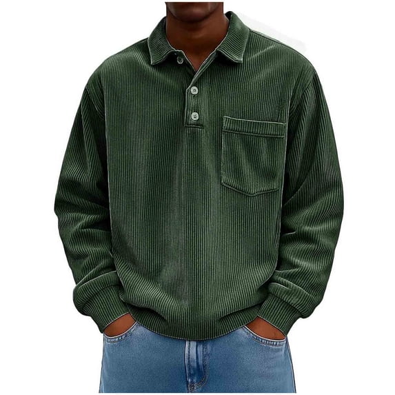 Mens Corduroy Pullover with Pocket 3 Buttons Lapel Collar Solid Color Tops Casual Fashion Fall Winter Clothes (S, Army Green)