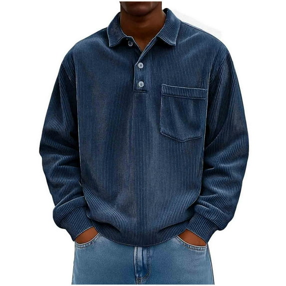 Mens Corduroy Pullover with Pocket 3 Buttons Lapel Collar Solid Color Tops Casual Fashion Fall Winter Clothes (XL, Navy)