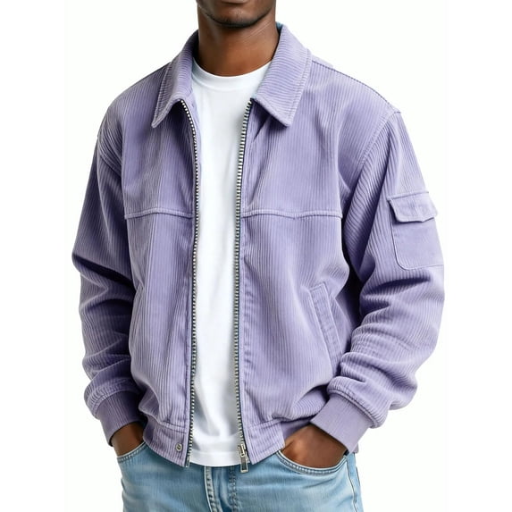 Mens Corduroy Shacket Zip Up Flannel Shirt Long Sleeve Turn Down Collar Vintage Work Jacket with Pockets