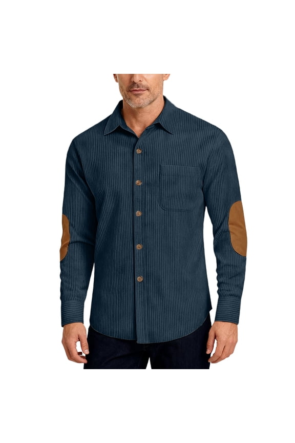 Mens Corduroy Shirt Casual Long Sleeve Button Up Shirt Spring Lightweight Collared Shirt Jacket Elbow Patches Vintage Lapel Shacket with Pocket OIOLOYJM Navy XL