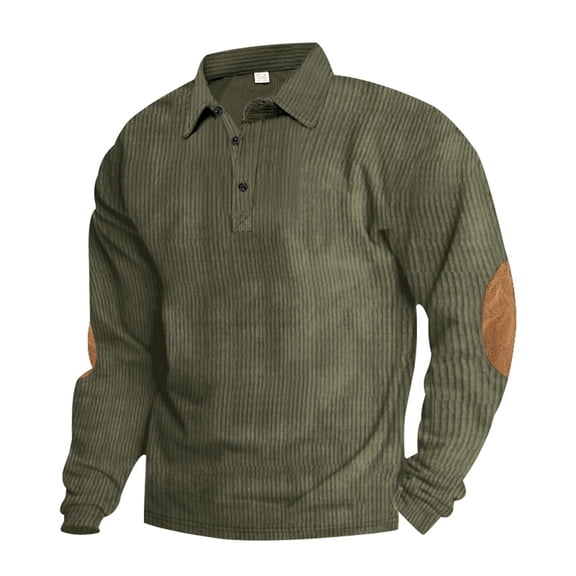 Mens Corduroy Shirt Lapel Collar Button Pullover Tops Long Sleeve Casual Polo Sweaters Sweatshirts Elbow Patches Army Green 2XL