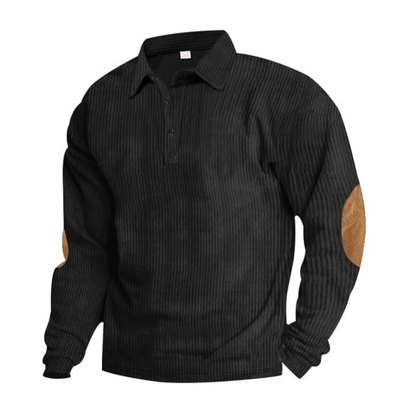 Mens Corduroy Shirt Lapel Collar Button Pullover Tops Long Sleeve Casual Polo Sweaters Sweatshirts Elbow Patches Black 3XL