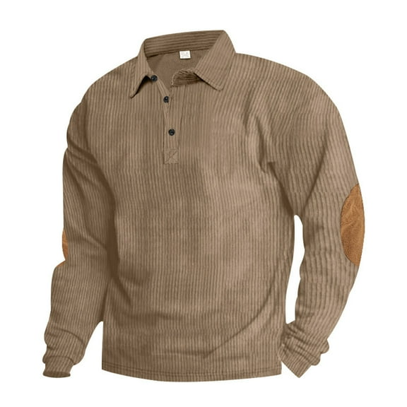 Mens Corduroy Shirt Lapel Collar Button Pullover Tops Long Sleeve Casual Polo Sweaters Sweatshirts Elbow Patches Brown M
