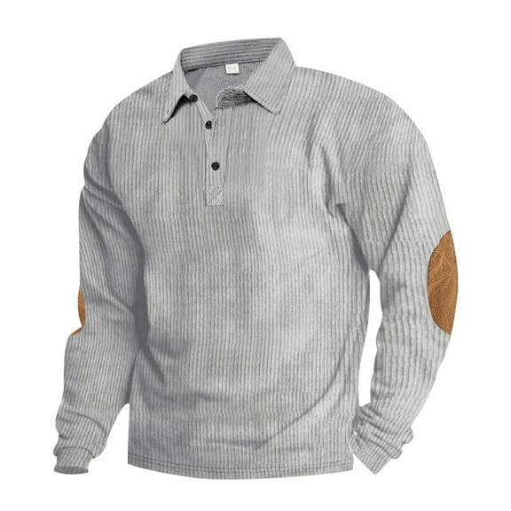 Mens Corduroy Shirt Lapel Collar Button Pullover Tops Long Sleeve Casual Polo Sweaters Sweatshirts Elbow Patches Light Gray M