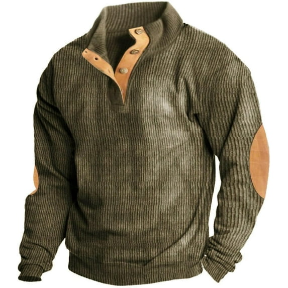 Mens Corduroy Shirt Lapel Collar Button Up Pullover Mock Neck Long Sleeve Sweaters Polo Sweatshirts with Elbow Patches