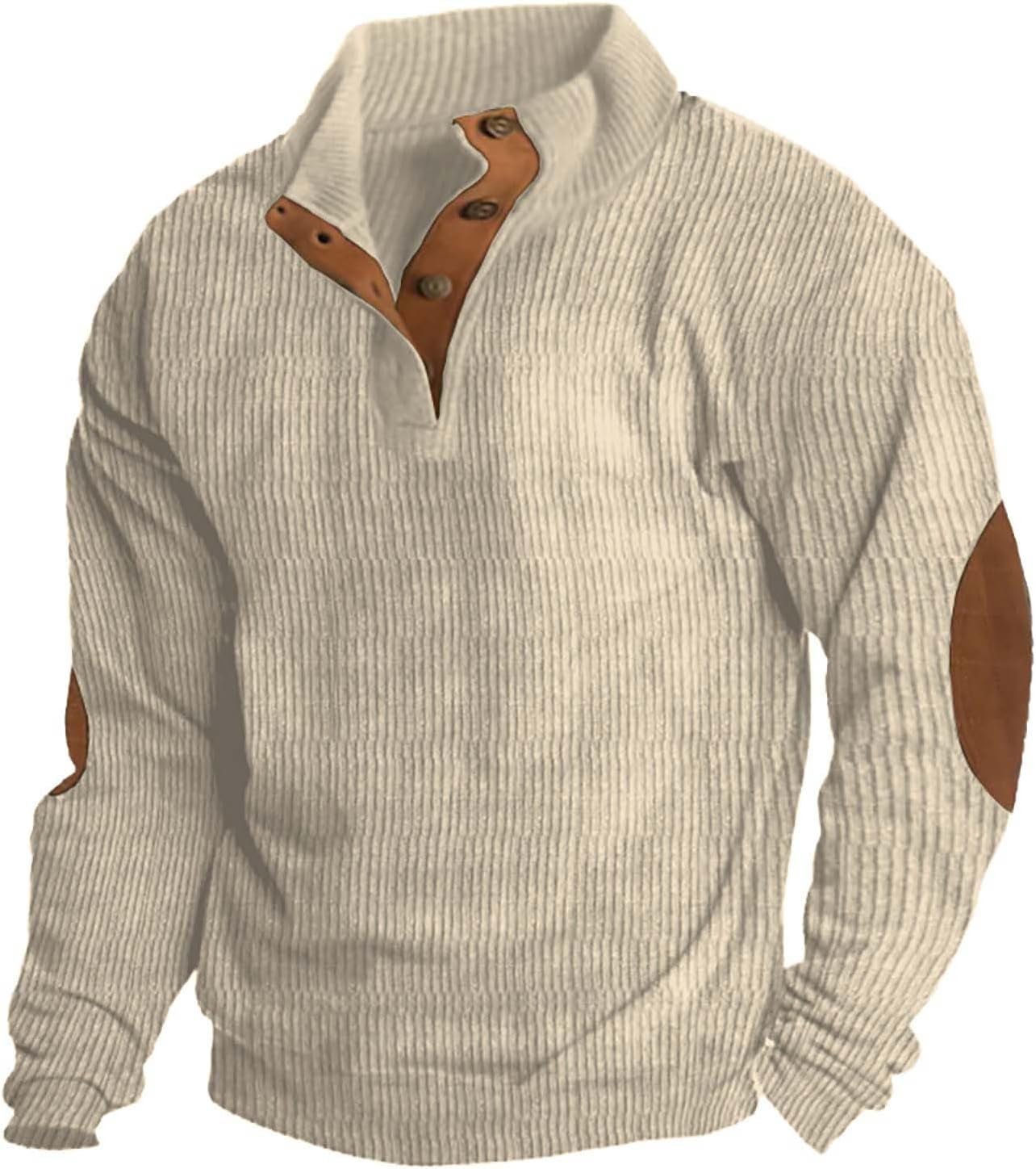Mens Corduroy Shirt Lapel Collar Button Up Pullover Mock Neck Long