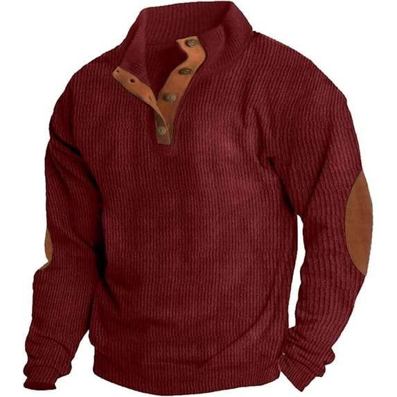 Mens Corduroy Shirt Lapel Collar Button Up Pullover Mock Neck Long Sleeve Sweaters Polo Sweatshirts with Elbow Patches