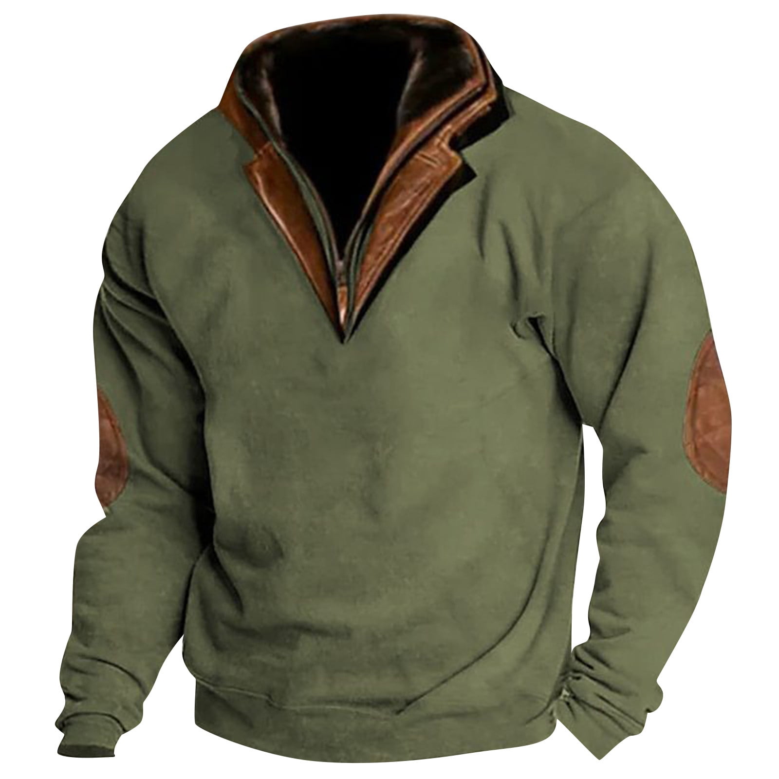 Mens Corduroy Shirt Lapel Collar Quarter Zip Pullover Mock Neck Long