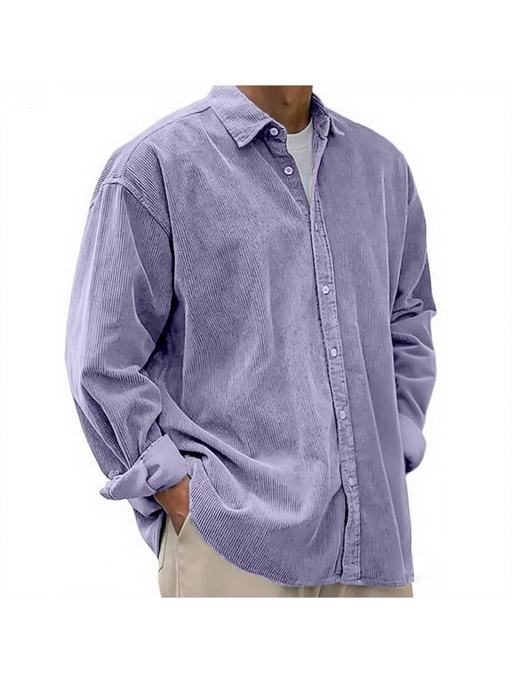 Mens Corduroy Shirt Long Sleeve Button Down Shirt Regular Fit Business Casual Work Shirts Shacket Oversize Tshirt Purple L