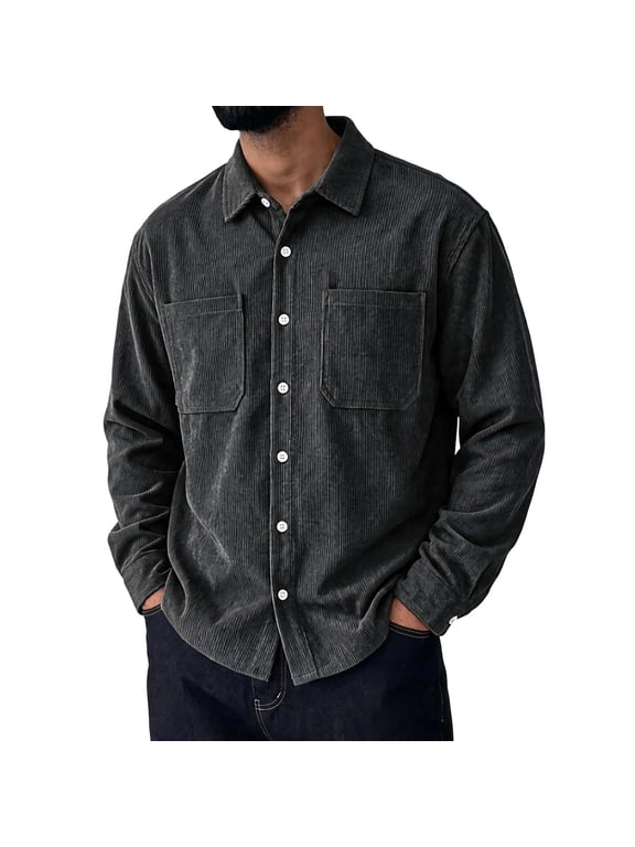 Mens Corduroy Shirt Long Sleeve Button Down Shirts Jacket Casual Business Loose Fashion Oversized Tops (2XL, Black)