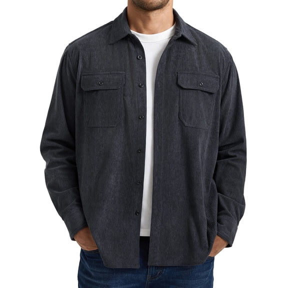 Mens Corduroy Shirts Casual Long Sleeve Button Down Shirt Jacket Lightweight with Flap Pockets Grey