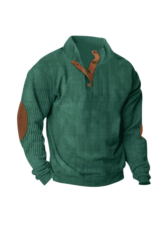Mens Corduroy Shirts with Elbow Patches Vintage Color Block Button Up Mock Neck Long Sleeve Casual Sweatshirts