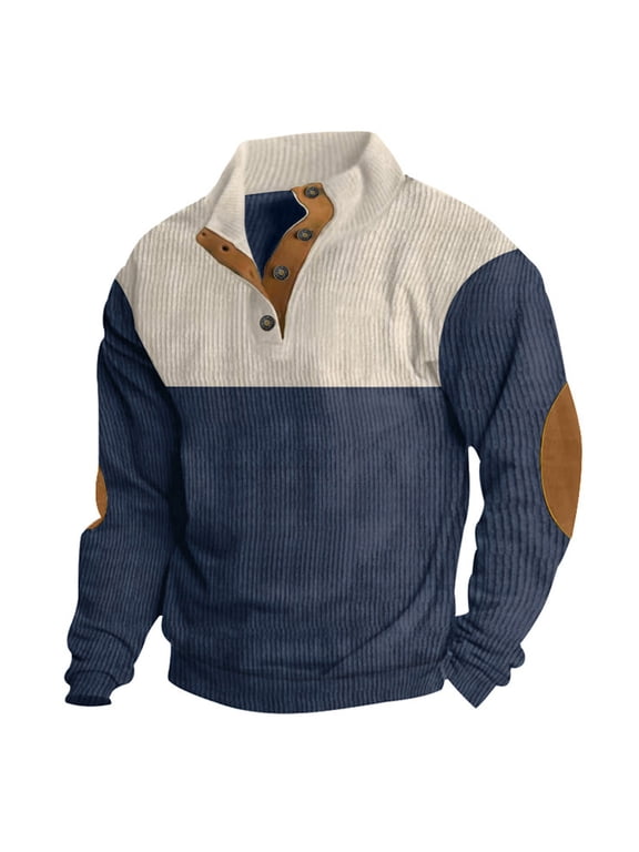 Mens Corduroy Shirts with Elbow Patches Vintage Color Block Button Up Mock Neck Long Sleeve Casual Sweatshirts