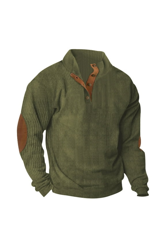 Mens Corduroy Shirts with Elbow Patches Vintage Color Block Button Up Mock Neck Long Sleeve Casual Sweatshirts