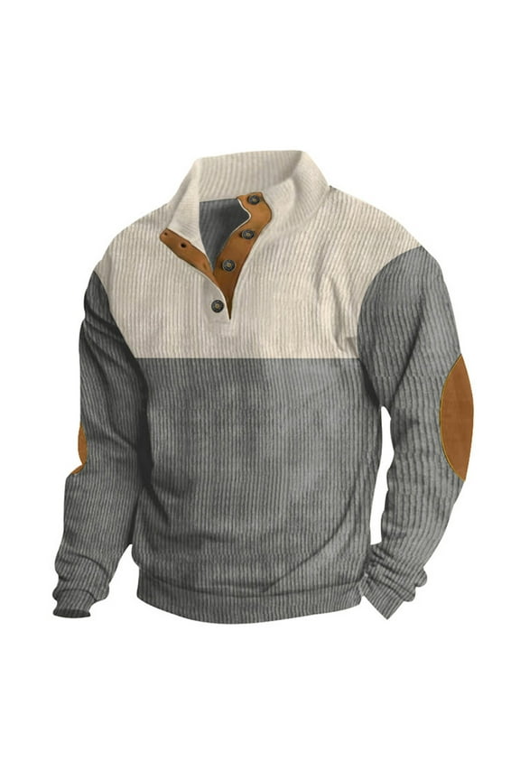 Mens Corduroy Shirts with Elbow Patches Vintage Color Block Button Up Mock Neck Long Sleeve Casual Sweatshirts