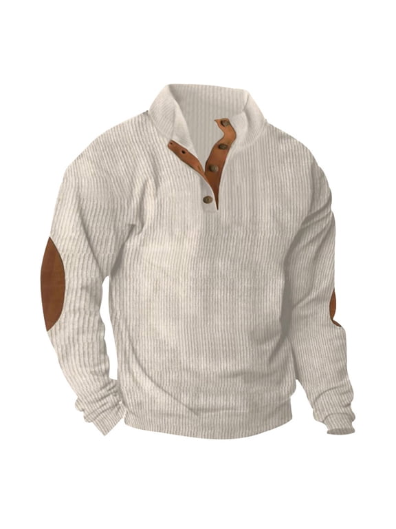 Mens Corduroy Shirts with Elbow Patches Vintage Color Block Button Up Mock Neck Long Sleeve Casual Sweatshirts