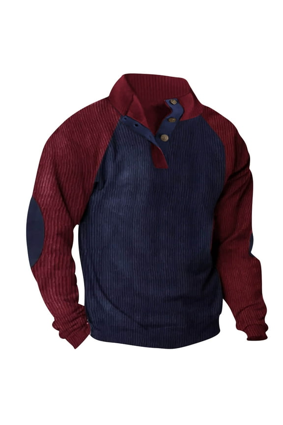 Mens Corduroy Shirts with Elbow Patches Vintage Color Block Button Up Mock Neck Long Sleeve Casual Sweatshirts