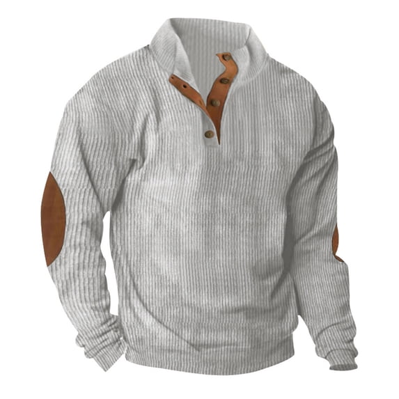 Mens Corduroy Shirts with Elbow Patches Vintage Color Block Button Up Mock Neck Long Sleeve Casual Sweatshirts