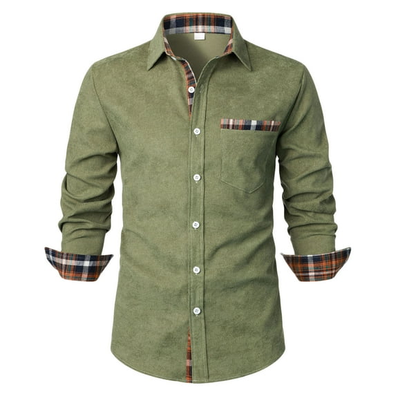 Mens Corduroy-Shirts with Pocket Casual Long Sleeve Button-Down Collared Tshirts Shirt Basic Plaid Printed Comfort Slim Office Work Tops