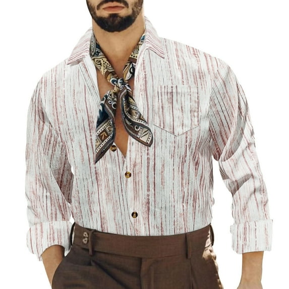 Mens Corduroy-Shirts with Pocket Long Sleeve Button-Down Collar Tshirts Shirt Trendy Stripe Printed Slim Vintage Cowboys Going-Out Tops
