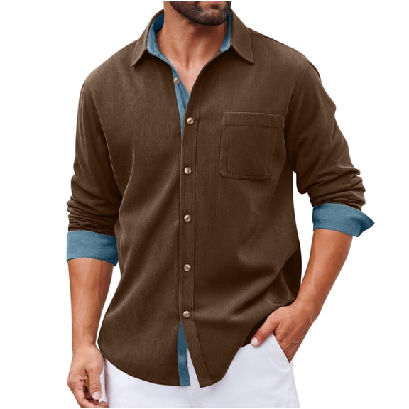 Mens Corduroy-Shirts with Pocket and Collared Button-Down Long Sleeve Tshirts Shirt Casual Color Block Loose Comfortable Office Work Shackets Tops