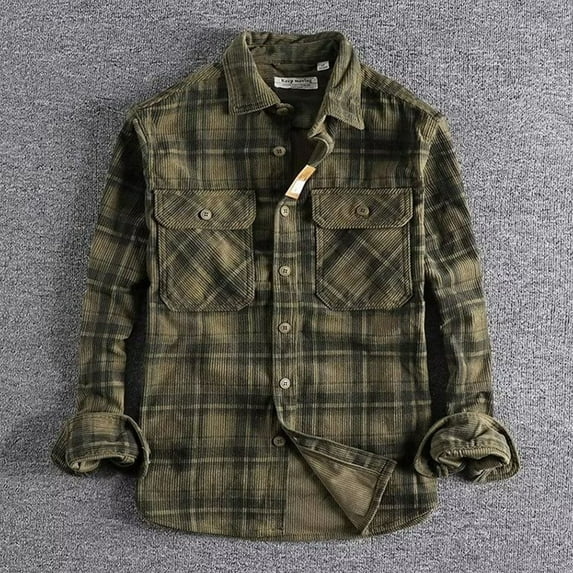 Mens Corduroy-Shirts with Pockets Long Sleeve Button-Down Collar T-Shirts Boys Vintage Plaid Printed Slim-Fit Lapel Going-Out Tees Tops