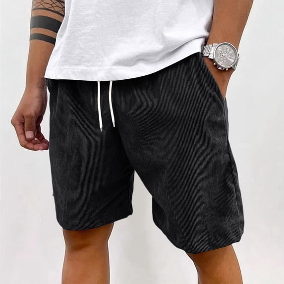 Mens Corduroy Shorts 7 Inch Elastic Waist Drawstring Lightweight Beach Shorts With Pockets Black L