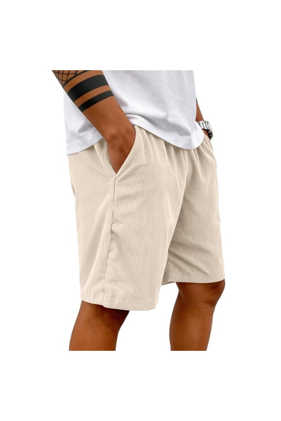 Mens Corduroy Shorts Casual 7 Inch Elastic Waist Drawstring Loose Fit Summer Shorts Beige S