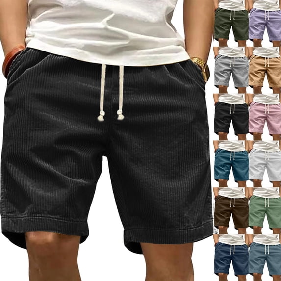 Mens Corduroy Shorts Casual Elastic Waistband Big and Tall Shorts Solid Color Lightweight Work Short with Pockets Black 5XL