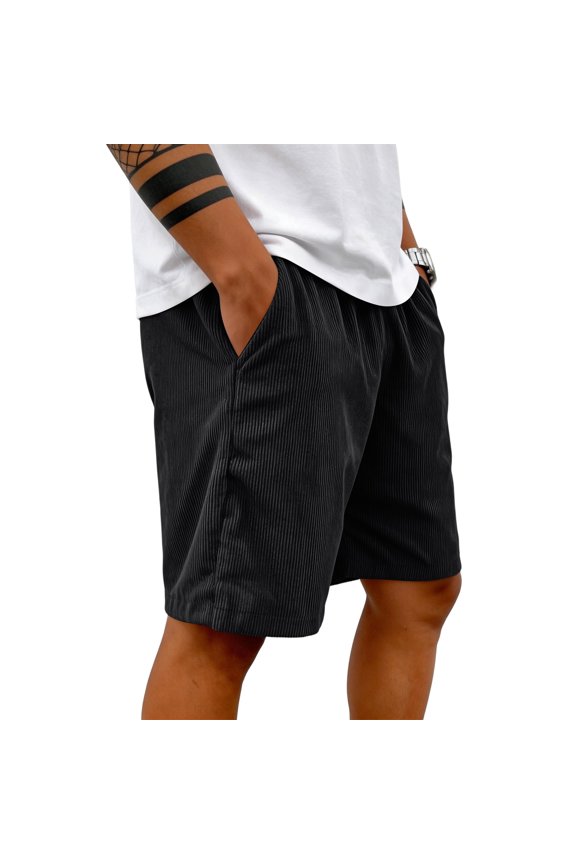 Mens Corduroy Shorts Casual Loose Fit 7 Inch Elastic Waist Beach Shorts Black S