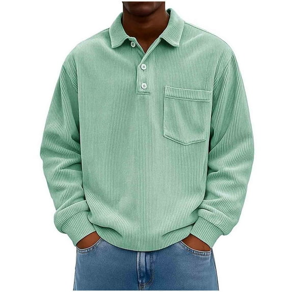 Mens Corduroy Sweatshirt Button Half-cardigan Long Sleeve Lapel Shirts Loose Fit Solid Color Ribbed Sweaters