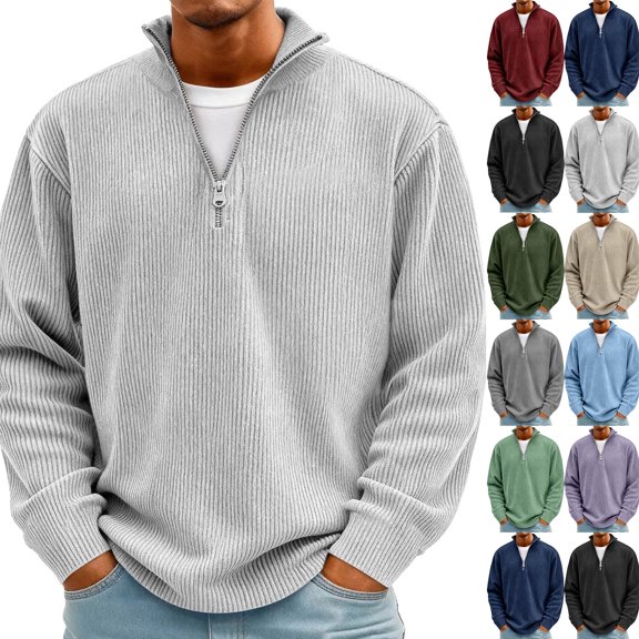 Mens Corduroy Sweatshirt Casual Stand Collar Quarter Zip Pullover Fall Ribbed Long Sleeve Sweaters Thermal Sweatshirts White 5XL