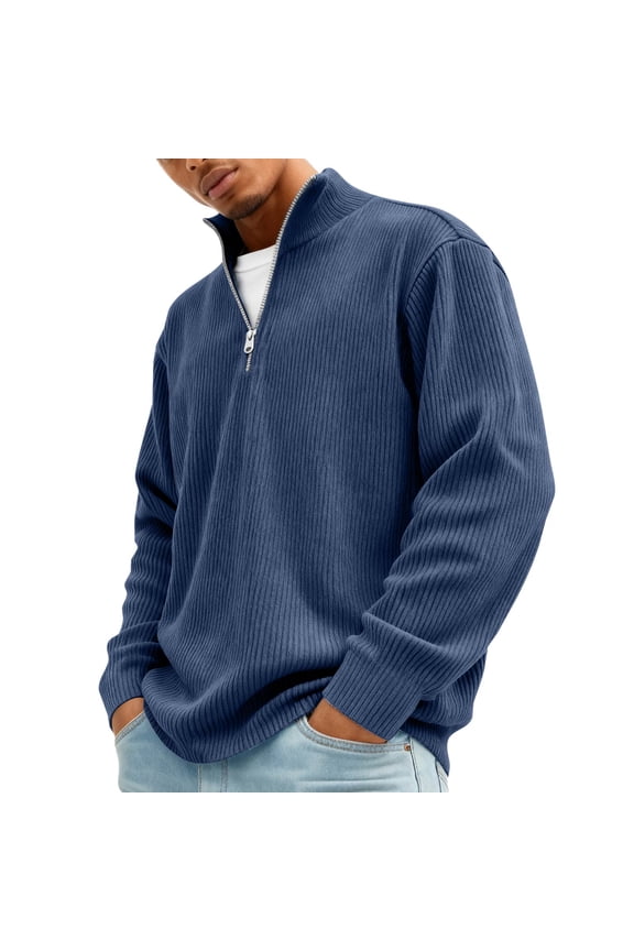 Mens Corduroy Sweatshirt Casual Stand Collar Quarter Zip Pullover Fall Ribbed Long Sleeve Sweaters Thermal Sweatshirts