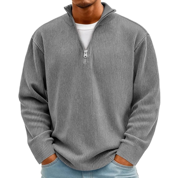 Mens Corduroy Sweatshirt Casual Stand Collar Quarter Zip Pullover Ribbed Long Sleeve Sweater Top for Spring Summer Wear