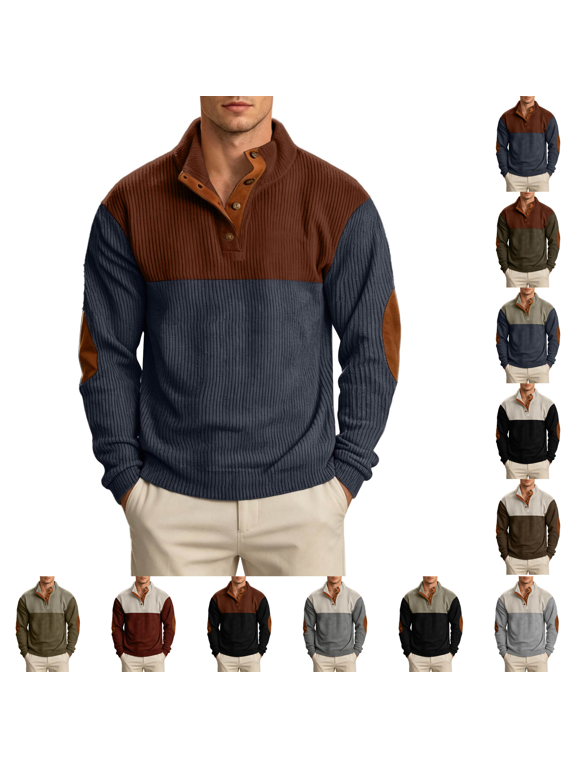 Mens Corduroy Sweatshirt Quarter Button Soft Stand Collar Sweaters Metal Contrast Trim Elbow Patches Casual Pullover Sweaters with Kangaroo Pocket