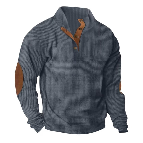 Mens Corduroy Sweatshirt Quarter Button Vintage Stand Collar Pullover Shirt Loose Fitting Hoodless Long Sleeve Tops Dark Gray XXL
