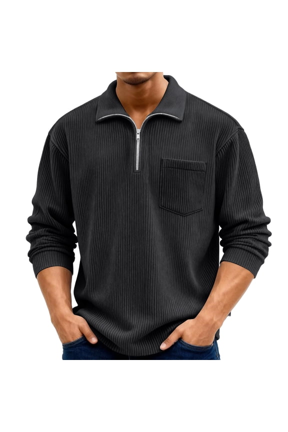 Mens Corduroy Sweatshirt Quarter Zip Lapel Collar Long Sleeve Pullover Shirts with Chest Pocket