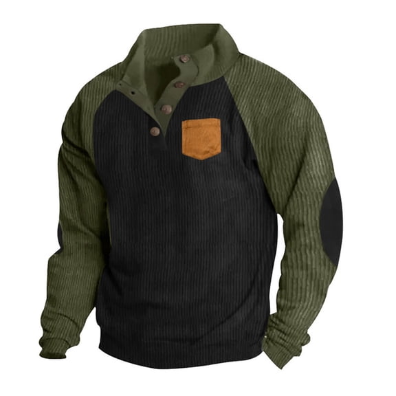Mens Corduroy-Sweatshirts Long Sleeve Button Stand Collared Pullover Tops T-Shirts Casual Color Block Comfort Raglan Outdoor Sweatshirts