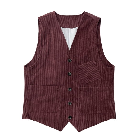 Mens Corduroy Waistcoat V Neck Casual Sleeveless Jacket Slim Fit Business Formal Vest for Wedding Dinner Wine S