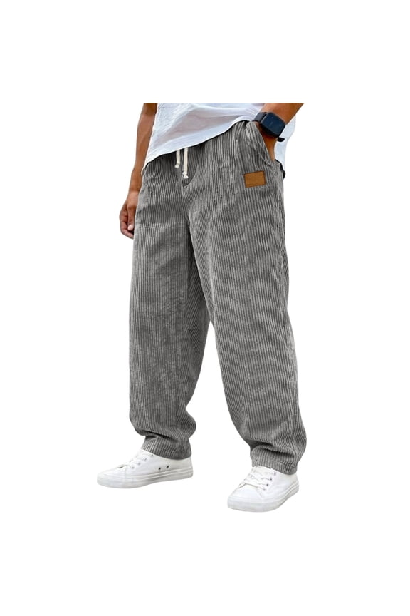 Mens Corduroy Wide Leg Pants - Relaxed Fit Baggy Casual Trousers, Elastic Drawstring Waist Pull-on Style with Embroidered Patches, Ventilated Streetwear for Daily Leisure 3Xl Gray