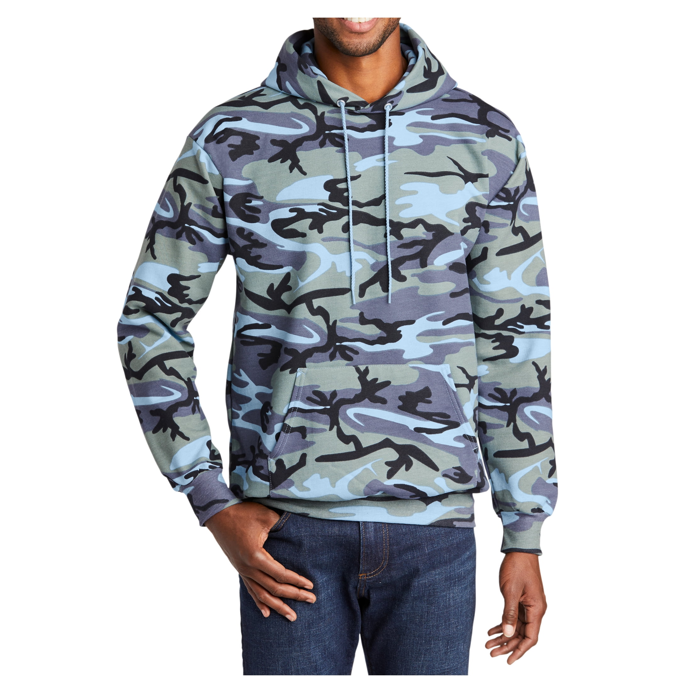 Mens Core Fleece Classic Camo Pullover Hooded Cotton Poly fleece Sweatshirt Woodland Blue Camo L