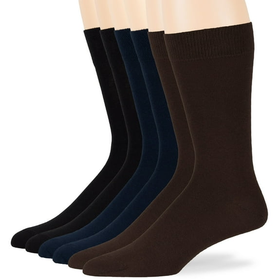 Mens Cotton Assorted Socks, Black, Dark Navy, Dark Brown, Large 10-13, 6 pack