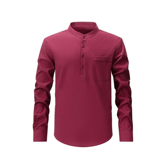 Mens Cotton Blend Shirts Long Sleeve Button Stand Collared Tshirts Shirt with Pocket Casual Solid Color Pullover Comfort Slim-Fit Office Work Tops
