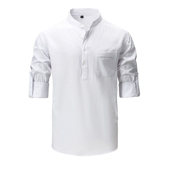 Mens Cotton Blend Shirts Long Sleeve Button Stand Collared Tshirts Shirt with Pocket Casual Solid Color Pullover Comfort Slim-Fit Office Work Tops