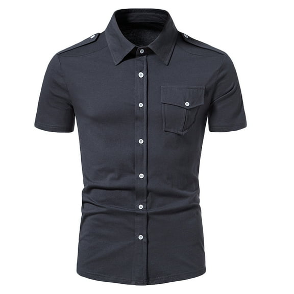 Mens Cotton Blend Shirts with Pocket and Collar Short Sleeve Button-Down T-Shirts Casual Solid Color Slim-Fit Lapel Hiking Cargo Work Tees Tops